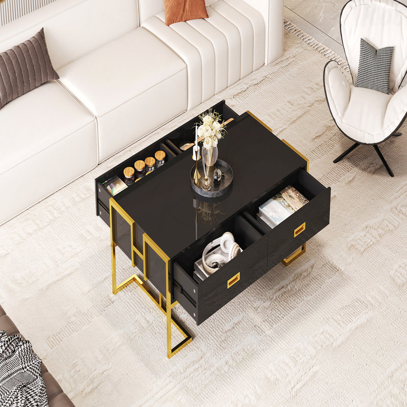 Table basse moderne 47,3 "avec 4 tiroirs et base dorée, Noir