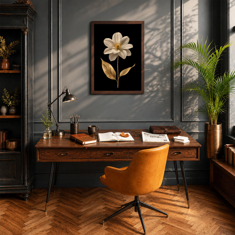 Golden Bloom Study Botanical - Framed Print, Walnut, A3 - 42.0 x 29.7 cm