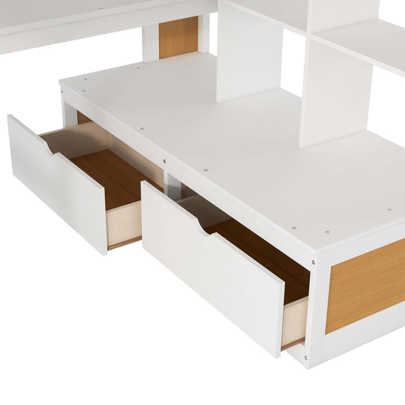 Lit mezzanine avec bureau et tablettes, deux tiroirs intégrés, escalier de rangement, Blanc / Naturel