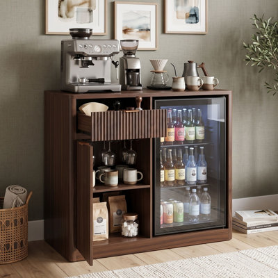 39.4" Fluted Coffee Bar Cabinet with Mini Fridge Space, Buffet Sideboard with Wine Glass Racks and Adjustable Shelves