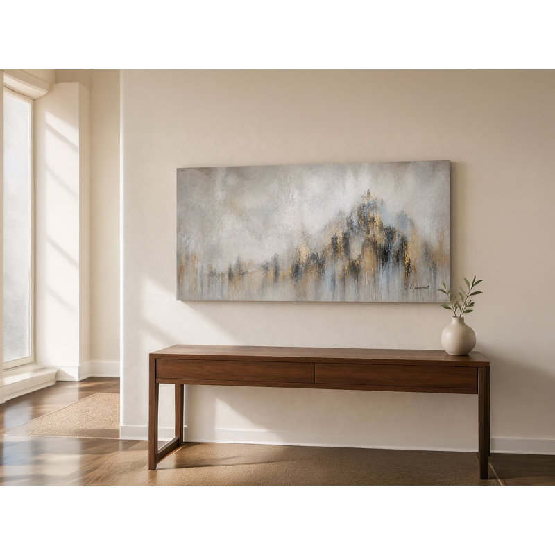Tableau panoramique abstrait de montagne gris brumeux et or sur toile tendue, 20" H x 40" W x 1.5" D