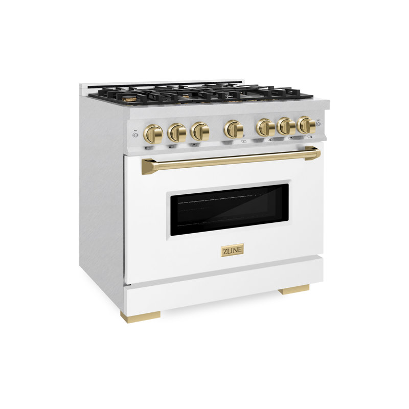 ZLINE Autograph 36" Classic DuraSnow Gas Range w/ Black Door & Bronze Accents, Gold/White
