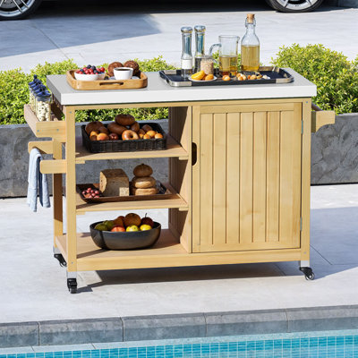 53.7"W Movable Bar Cart with Stainless Steel Countertop and Storage
