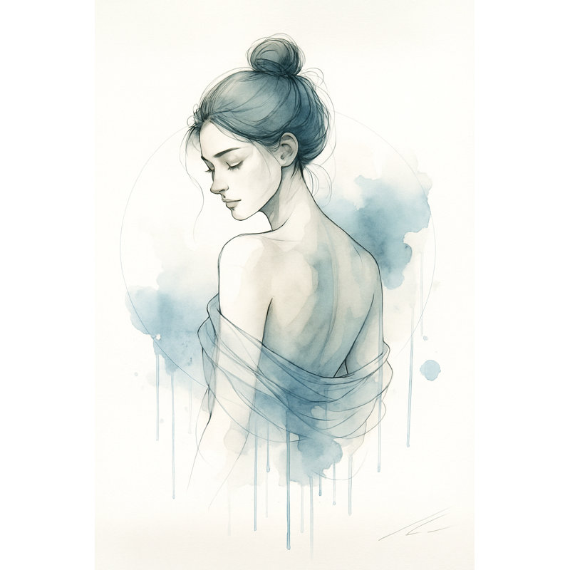 Réflexion tranquille - Femme aquarelle bleue minimaliste, H 40 po x l 30 po