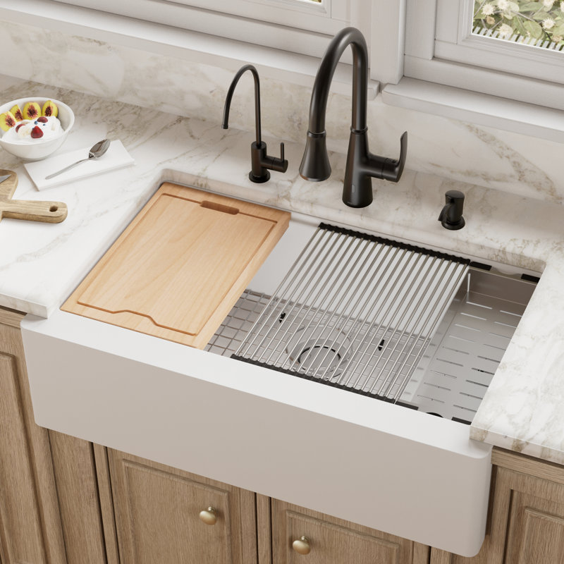Karran Quartz 34'' X 21-1/4'' Single Bowl Farmhouse Apron Front Workstation Kitchen Sink, White