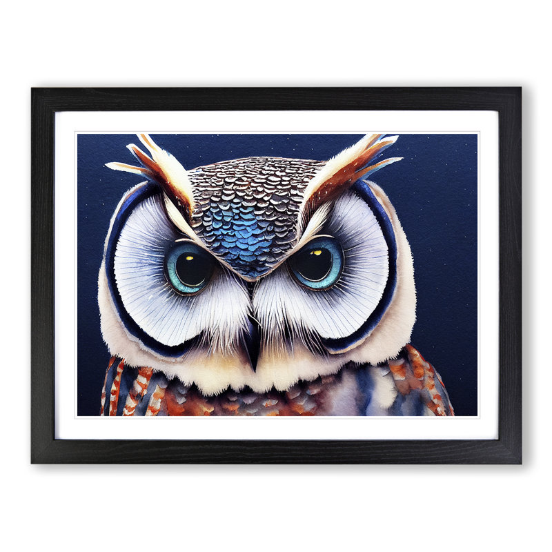Watercolour Long Eared Owl - Single Picture Frame Print, Black, 46cm H x 64cm W x 2cm D