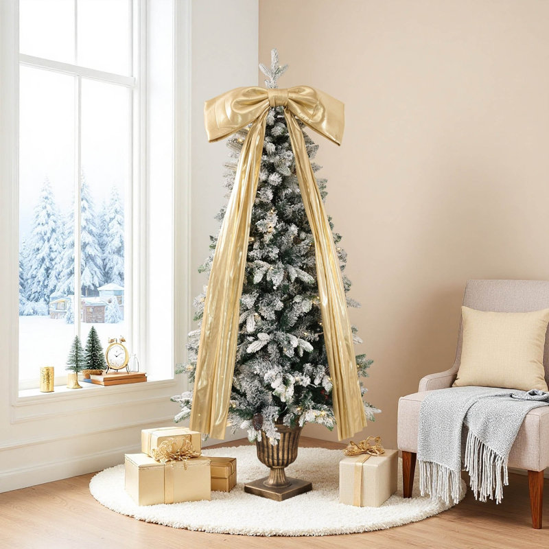 6-Foot Pre-Lit Flocked Christmas Tree with Urn Pot Base, Pinecones & Gold Ribbon Bow
