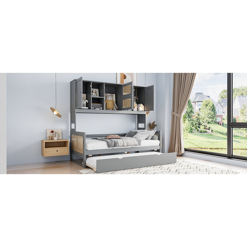Lit de jour simple en bois avec lit gigogne simple, armoire et tablette tout-en-un, Lit simple, Gris