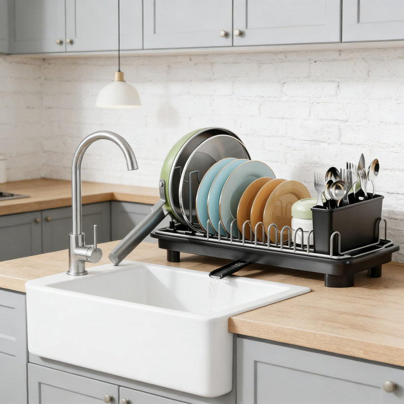 Séchoir à vaisselle compact pour petits espaces, égouttoir réglable avec drainage efficace de l'eau, organisateur de comptoir de cuisine peu encombrant