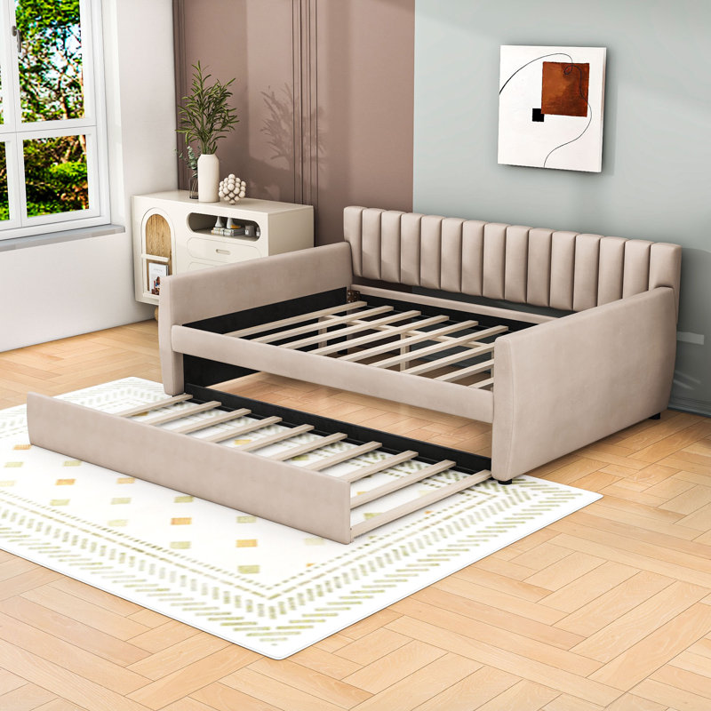 Full Size Velvet Daybed with Pull-Out Twin Trundle, Beige