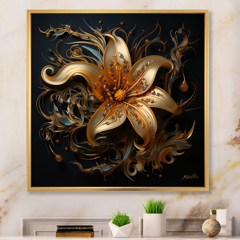 Impression sur toile Golden Lily Flower Glam On Black I, 24" H x 24" W, Cadre flottant doré