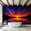 Peel and Stick Wallpaper Wall Mural Cosmic Sunset Galaxy Sky Reflective Lake Meteor Shower Forest Wall Art Self Adhesive and Removable