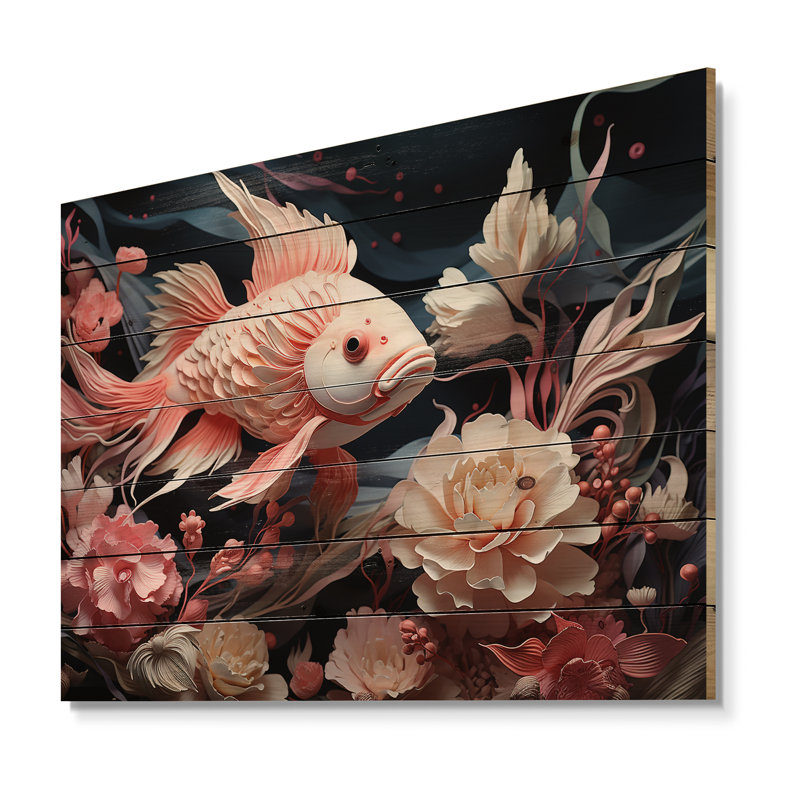 Coral And Sharks Collage Symetry I - Coastal Coral Under Water Wood Wall Art On Natural Pine Wood, 24" H x 32" W