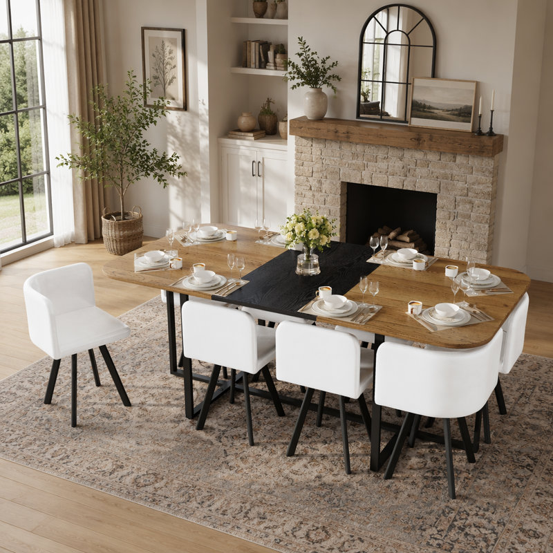 Ensemble de table de salle à manger 9 pièces avec plateau en grain de bois bicolore et 8 chaises en similicuir, parfait pour les réunions de famille et les cuisines modernes