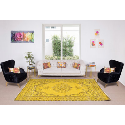 Tapis turc en laine fabriqué à la main de couleur moderne 6,2 x 10,3 pi sur fond teint en médaillon jaune