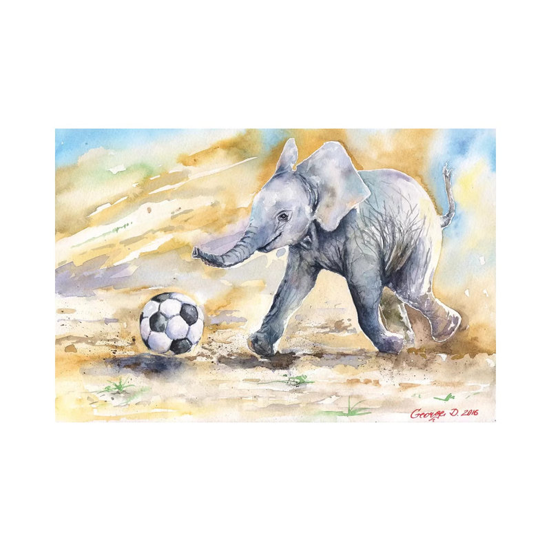 Elephant Calf And Ball by George Dyachenko - Wrapped Canvas Print, 20.32 cm H x 30.48 cm W