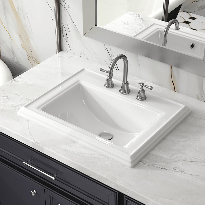 Los Flexi White Drop In Bathroom Sink Ceramic Rectangular with Faucet Hole & Overflow, 8" Centers