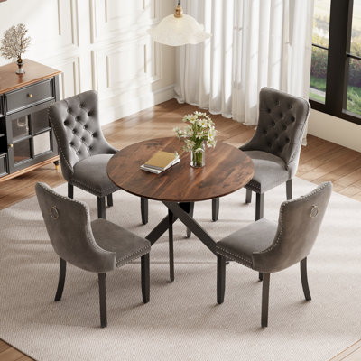 Round Wood Dining Set with Tufted Dining Chair