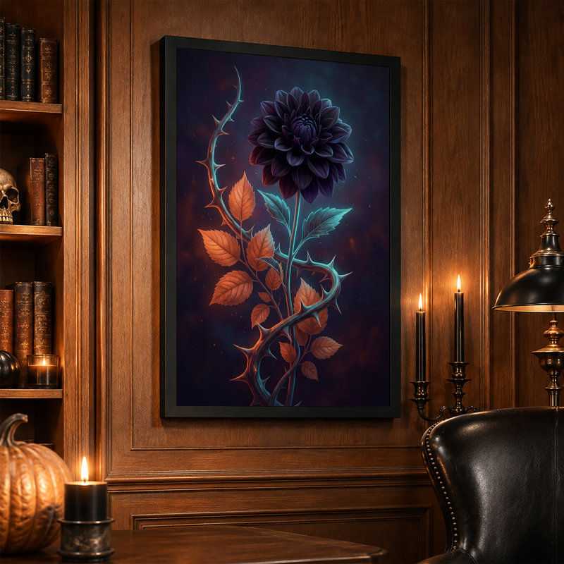 Tableau mural sur toile représentant un dahlia violet foncé à tige épineuse et motif d'Halloween, H 18 po x l 12 po