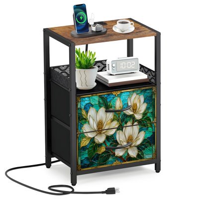 Table de chevet 2 tiroirs en tissu avec station de charge Élégante table de chevet en verre coloré bleu sarcelle avec table de bout avec ports USB et prises USB