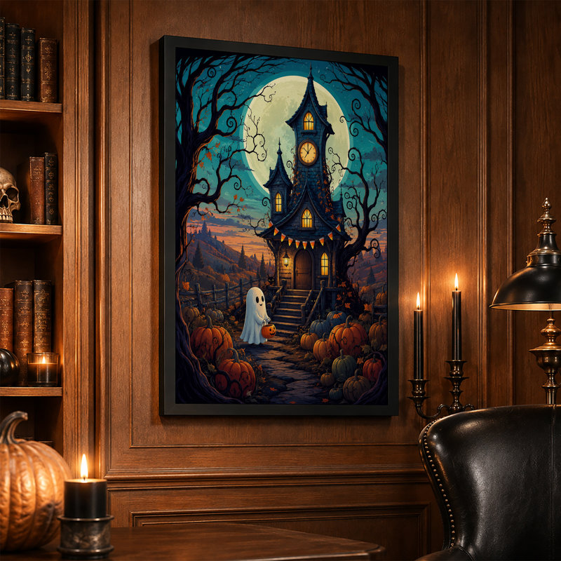Horloge hantée, maison avec fantôme et citrouilles, H 30 po x l 20 po
