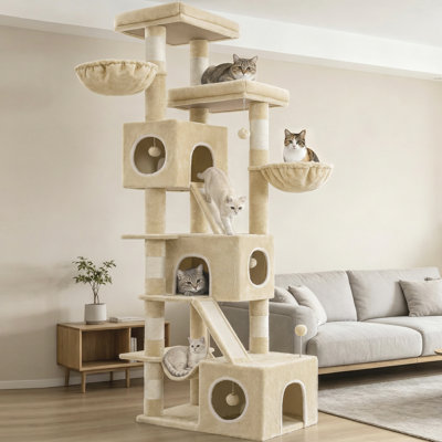 Tall Cat Tree, 211cm Multi-Level Cat Tower Large Cats | Cat Furniture with 7 Scratching Posts, 3 Spacious Condos, 2 Platforms, 2 Scratching Ramp, Basket, Hammock