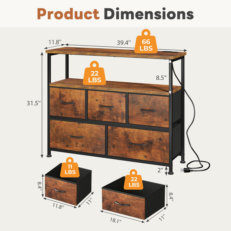 Commode 5 tiroirs en tissu avec station de charge, meuble télé pour chambre à coucher, salon, Brun rustique