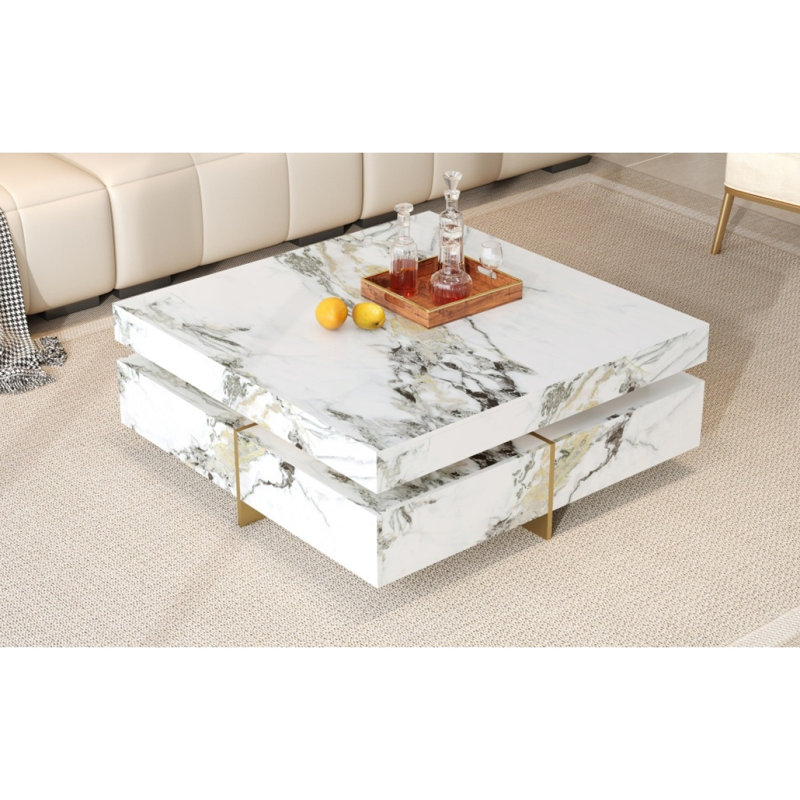 Table basse moderne carrée texturée en marbre avec 4 tiroirs et base suspendue, blanc, 43,3 po