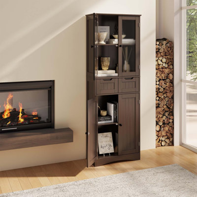 Armoire de rangement de 67 po de hauteur, armoire de cuisine autoportante avec porte vitrée, 2 tablettes et 2 tiroirs, armoire de rangement élégante en lin pour la maison, la salle de bain, le salon et le bureau