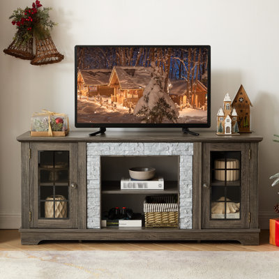 Grey 57.72'' Tv Stand With Faux Stacked Stone, 2-door Cabinet, 3 Adjustable Shelves And Cable Holes 58" Modern Media Console Cabinet Storage, Stone Su