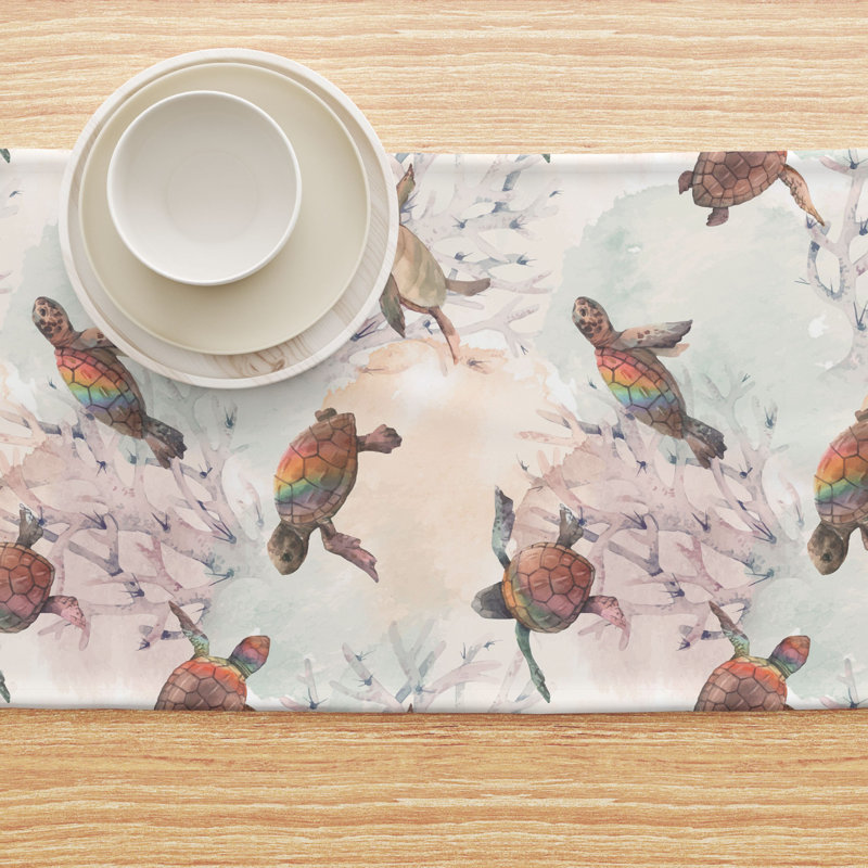 Table Runner, 100% Cotton, 16X108", Sea Turtle Watercolor, 72" L x 16" W