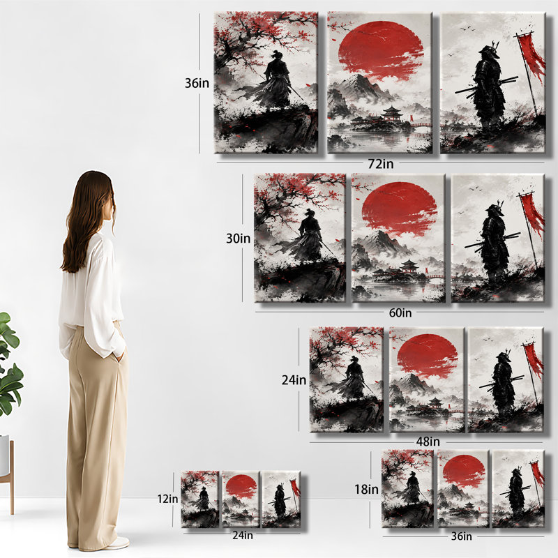 Guerrier traditionnel japonais, art mural 3 panneaux, Samurai Ronin, silhouette, cerisier rouge, soleil géant, montagne brumeuse