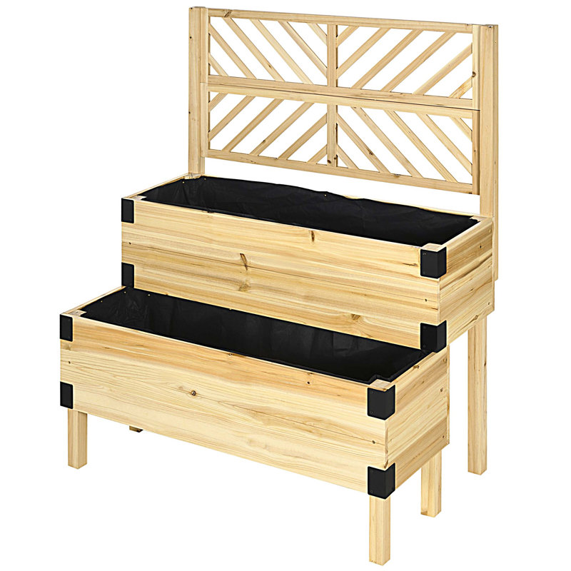 Raised Garden Bed with Trellis, 2 Tier Wooden Elevated Planter Box with Legs and Metal Corners, for Vegetables, Flowers