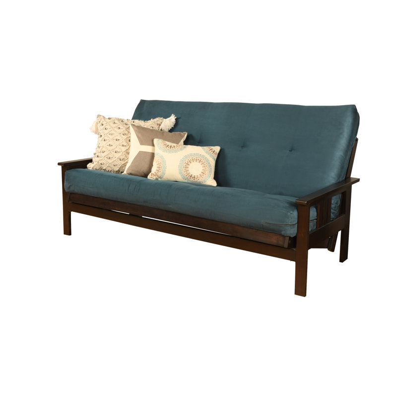 Johnte Full-Size Futon Frame and Full-Size Innerspring Mattress, Suede Blue, Espresso, Innerspring