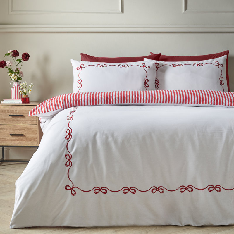 Bow Embroidery Duvet Cover Set, Single Bed (135 x 200 cm), White / Red
