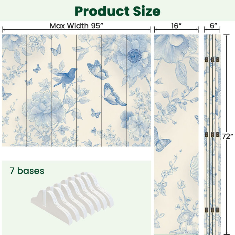 Cloison pliante 6 panneaux paravent Royal Floral Vintage Boho bleu crème fleurs blanches Oiseaux Toile Séparateur de cloison Autoportant Cloison de protection Cloison d'intimité