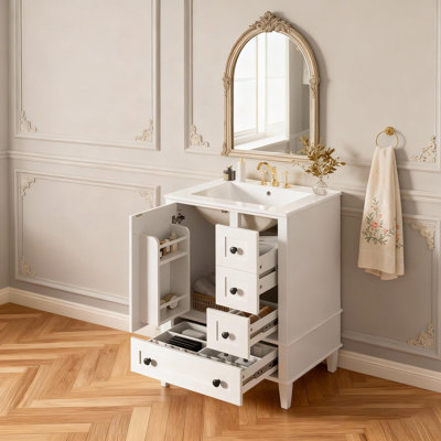 Meuble-lavabo blanc de 24 po avec lavabo en céramique, tiroirs à fermeture en douceur et tablette double couche pour un rangement efficace