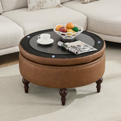 Ellersick Versatile Round Water-Resistant Linen Upholstered Storage Ottoman