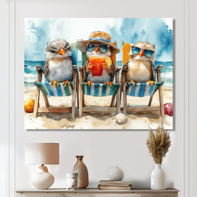 Canari sur la plage, chaise longue - Reproduction d'art mural animal côtier