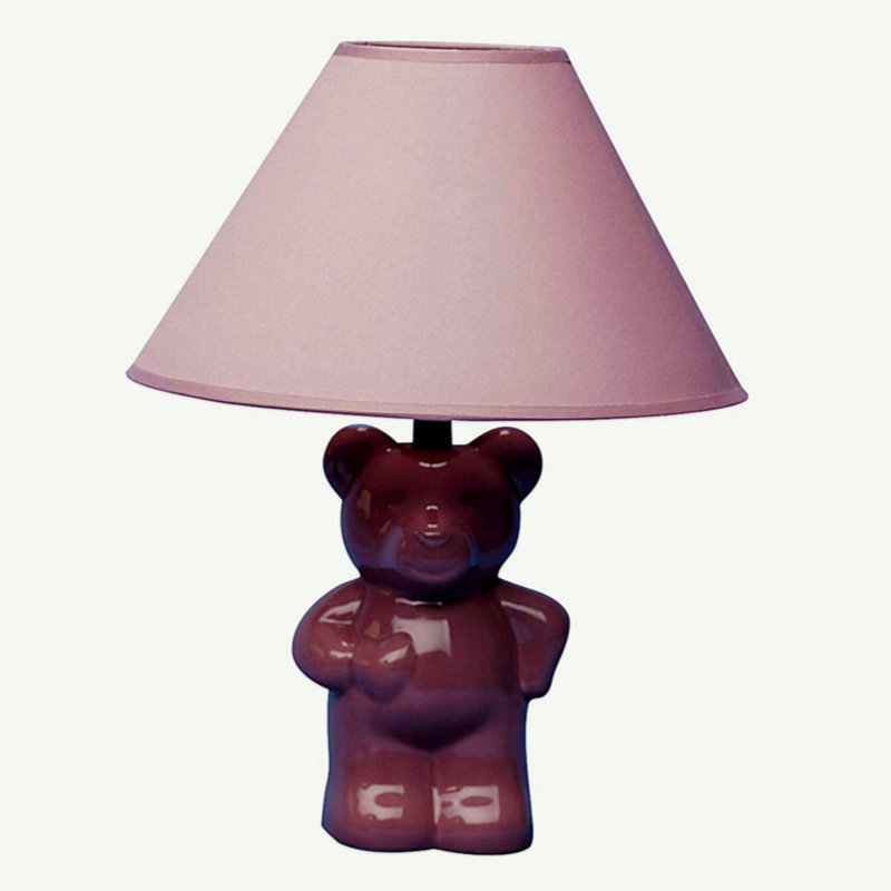13" Tall Ceramic Table Lamp, Teddy Bear Design With Pink Finish, Linen Shade
