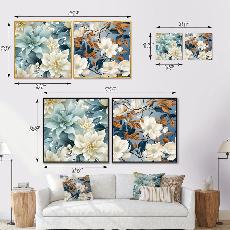 Lisandro - Ensemble de 2 collages carrés floraux, Cadre flottant brun, H 36 po x l 73 po