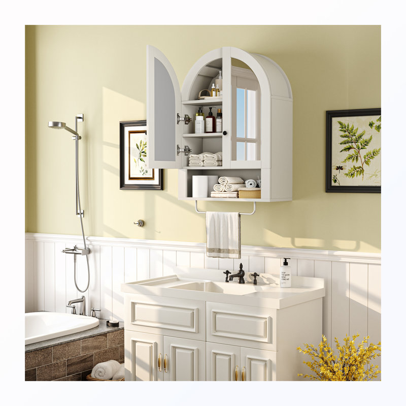 Armoire murale arquée avec portes en miroir et tablettes réglables, White
