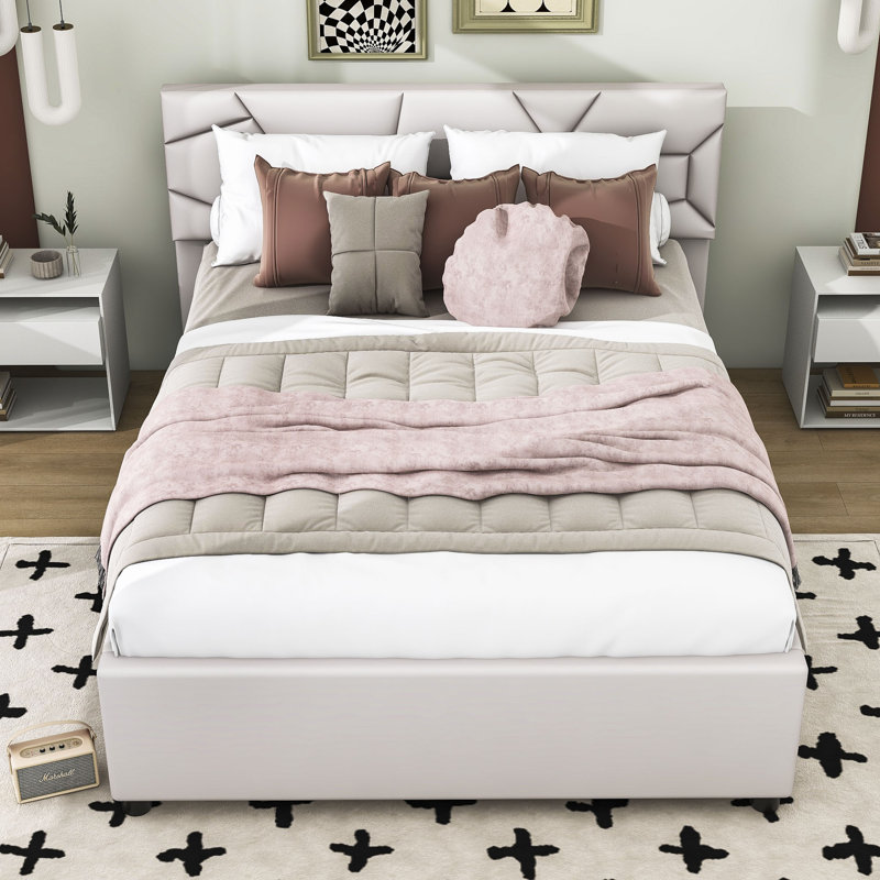 Ellionna Upholstered Platform Bed with Trundle and Headboard, Beige, Queen
