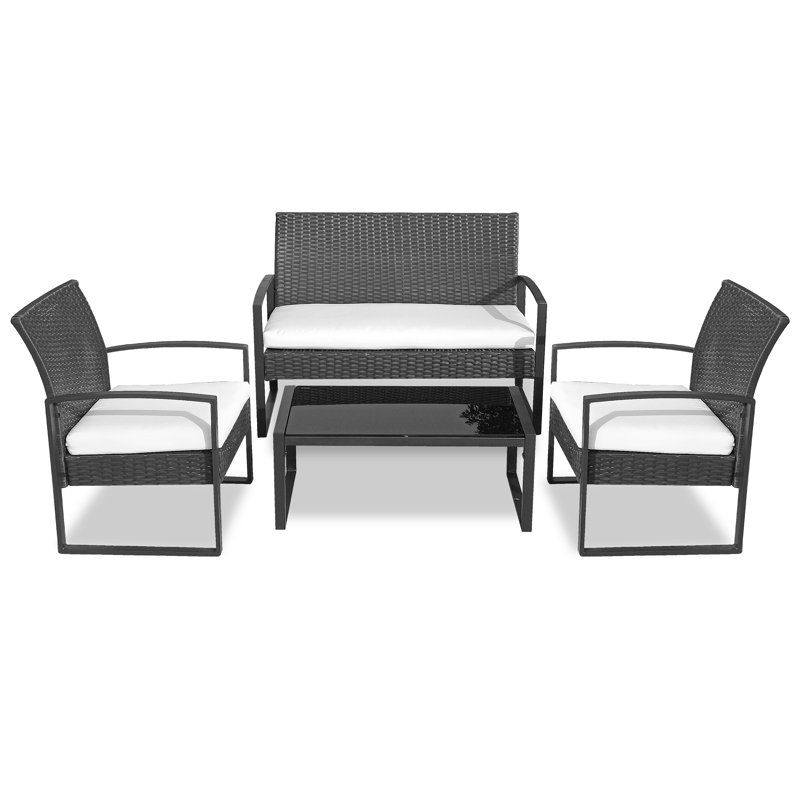 Ensemble de conversation avec canapé et coussins en rotin 4 pièces, Noir