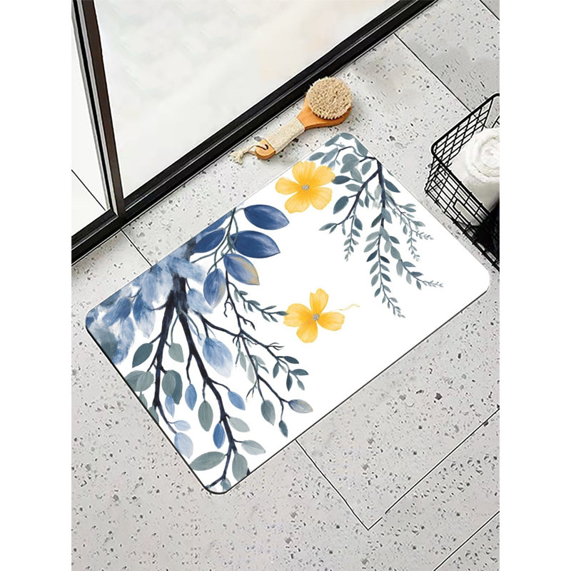 Tapis pour salle de bain à feuillage bleu avec fleurs jaunes, 16 x 24