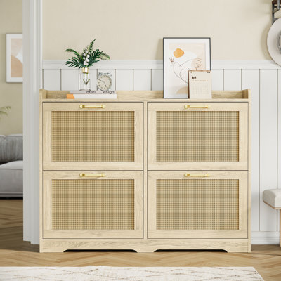 Armoire à chaussures Modern Rattan - 4 tiroirs tournants avec tablettes réglables, grand organisateur de vestibule autoportant, rangement dissimulé pour chaussures en bois respirant pour le couloir, la chambre à coucher, le vestibule - couleur bois naturel