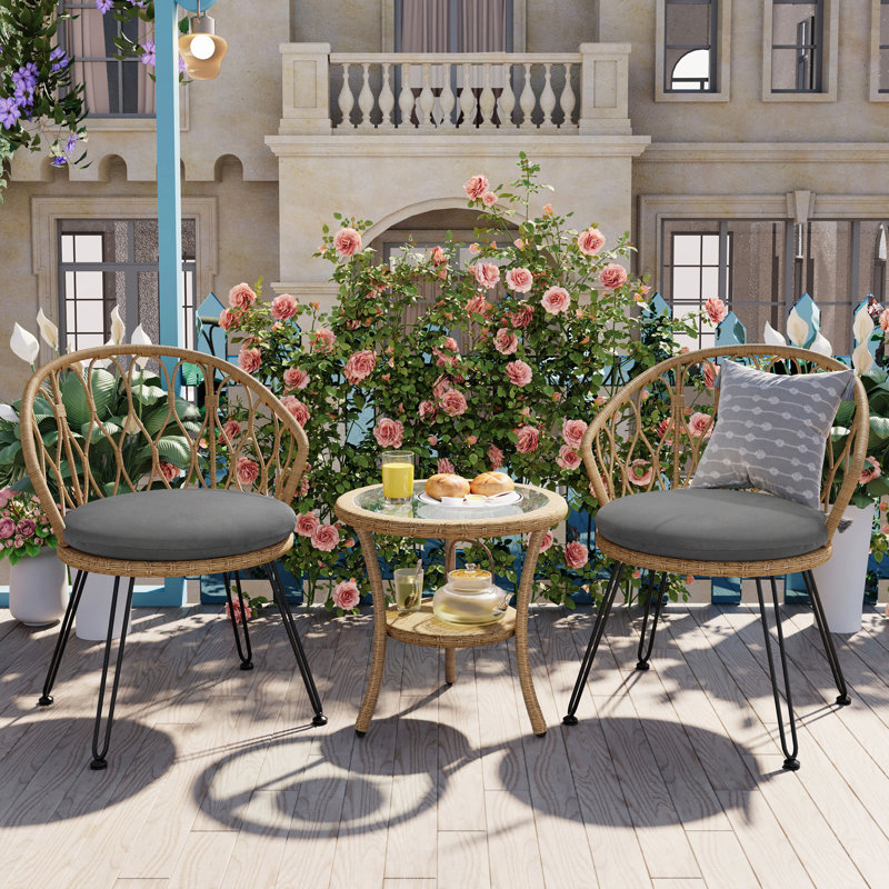 Outdoor/Patio Leisure Set, 2 Rattan Single Chairs With A Glass Round Table, Perfectly Suited For Patios, Balconies, And Courtyards