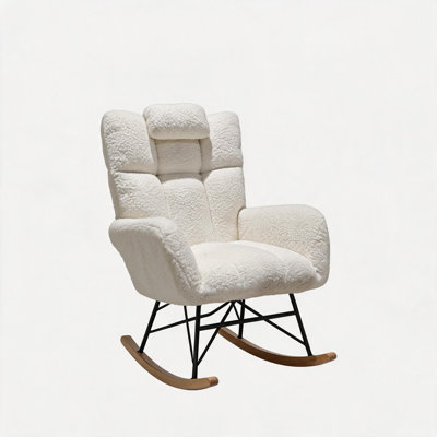 2-Pack Fleece Upholstered Rocking Chair with Headrest, 6-Grid Stitched Backrest Comfort Accent Rocker for Living Room Nursery, Soft Frame
