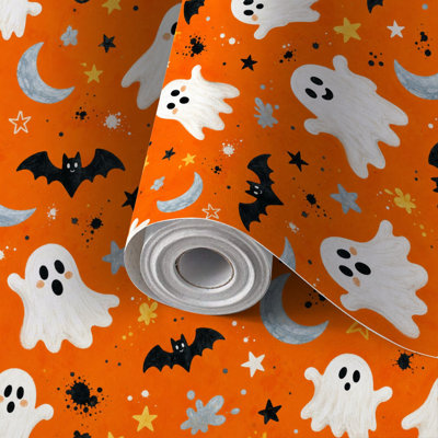 Papier peint à peler et coller avec papier peint ludique d'Halloween, chauves-souris, croissant, lunes, orange, adhésif et amovible 24 po x 118 po (60 x 300 cm)