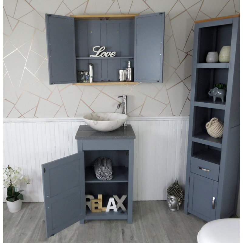 Scroggins 515mm Single Bathroom Vanity with Vessel Stone Basin, Grey Quartz, Grey